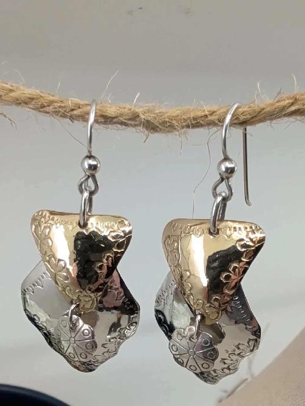 Vintage Hand-Hammered 925 Sterling Two-Tone Shield Dangle Earrings